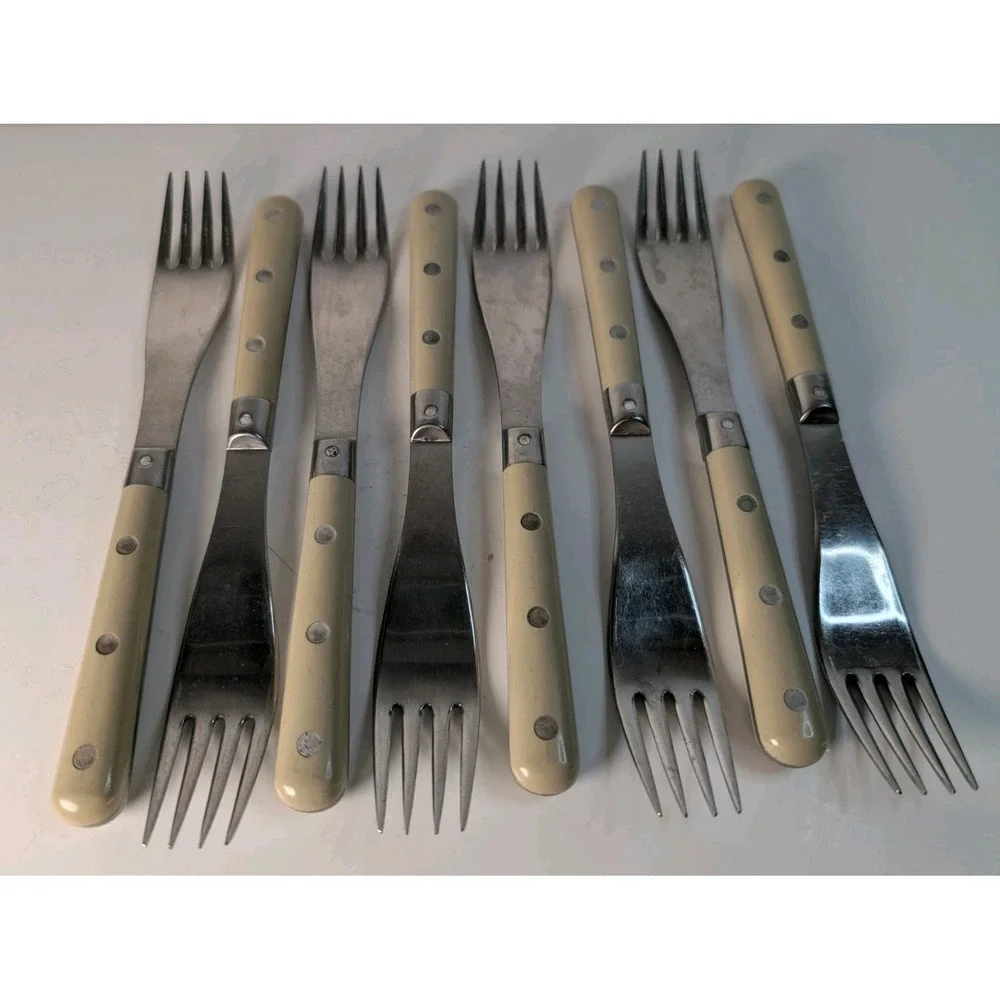 MCM Rowoco Retro Inox Theirs, France 4-Rivet Handles‎ Stainless Forks Set Of 8